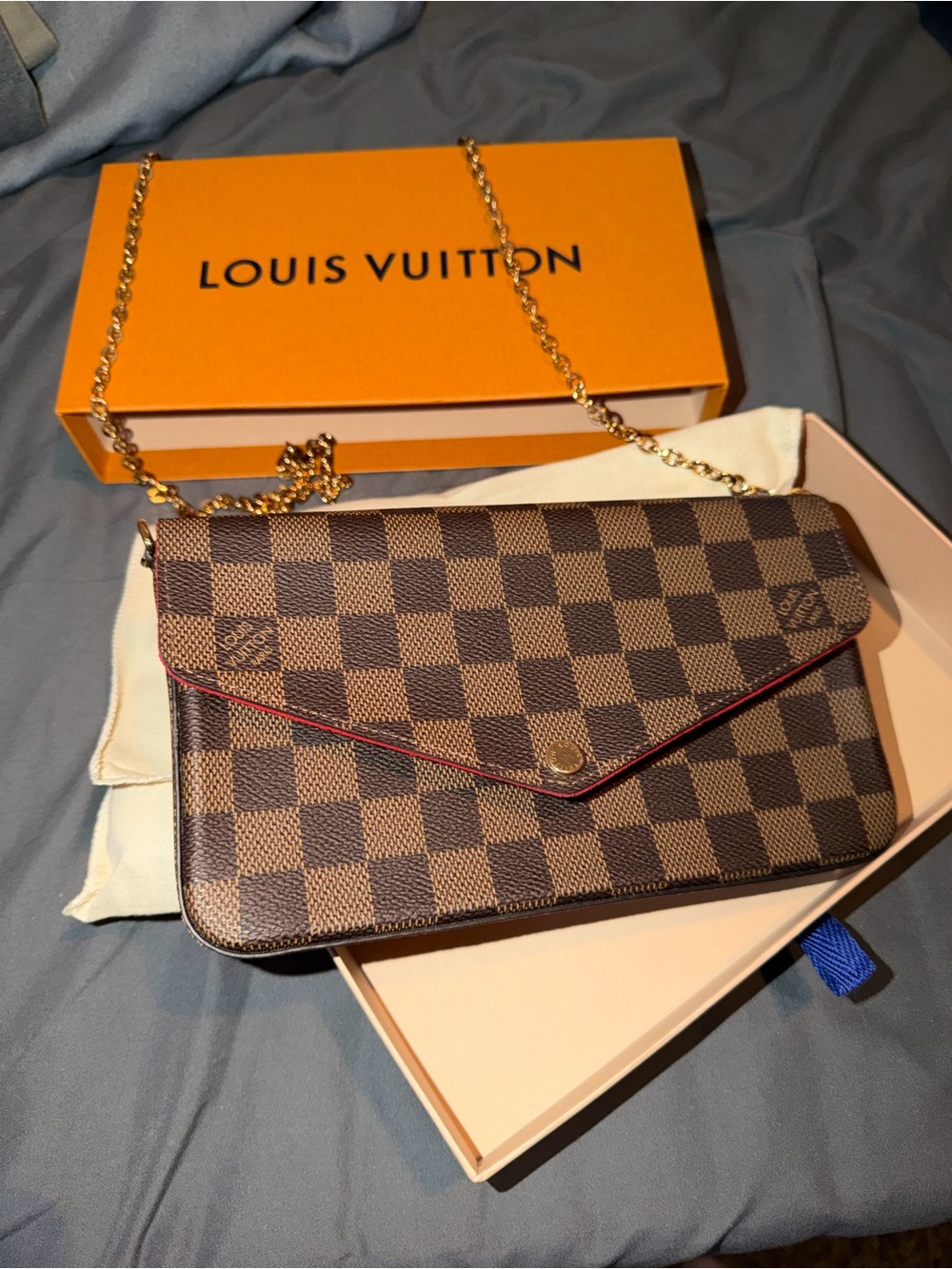 Louis Vuitton Brown Damier Crossbody with Red Trim and Gold Chain